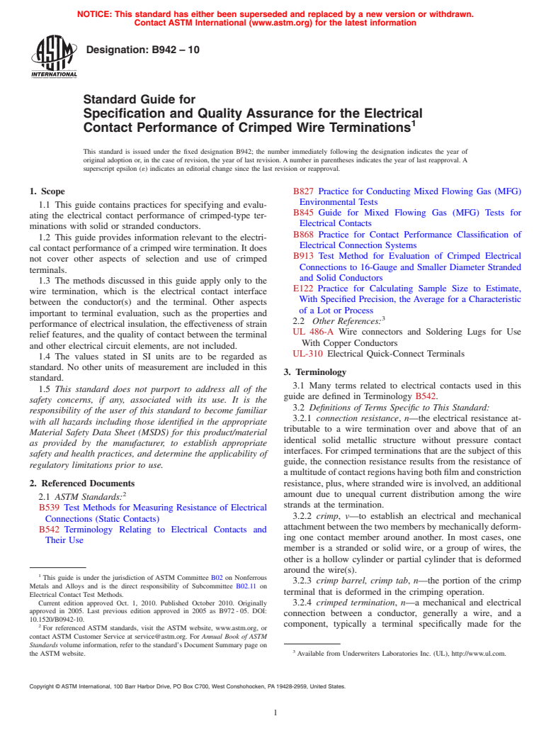 ASTM B942-10 - Standard Guide for Specification and Quality Assurance for the Electrical Contact Performance of Crimped Wire Terminations