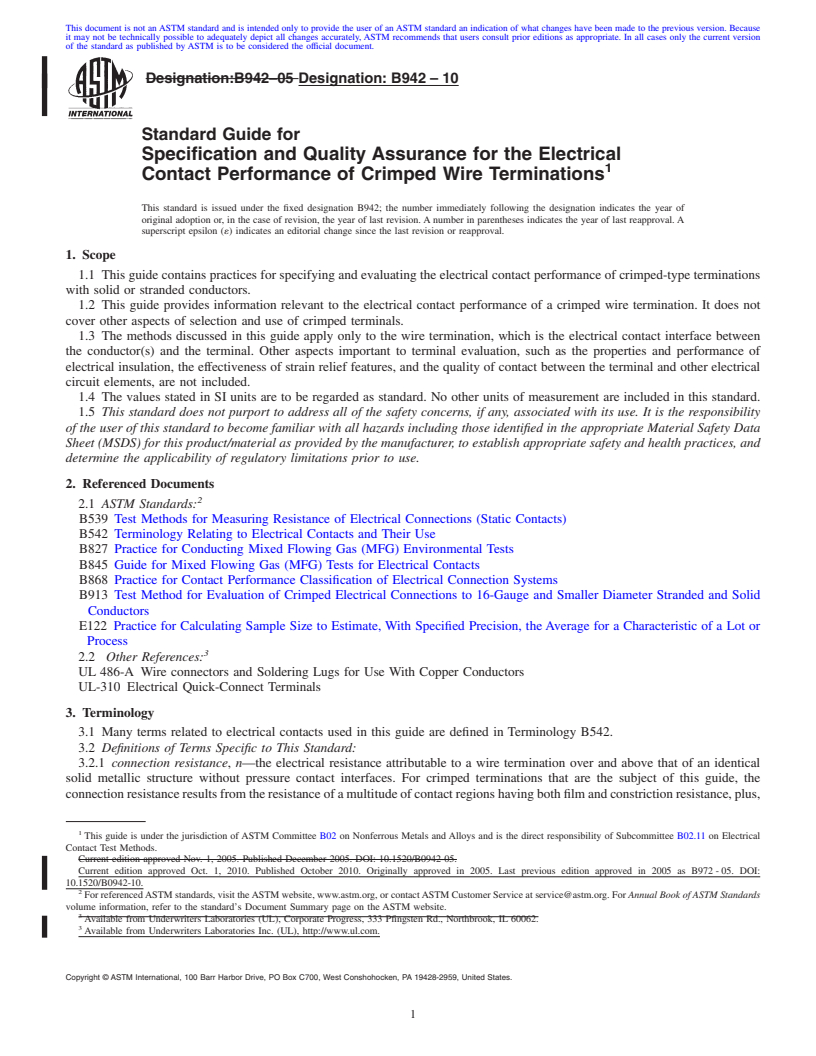 REDLINE ASTM B942-10 - Standard Guide for Specification and Quality Assurance for the Electrical Contact Performance of Crimped Wire Terminations