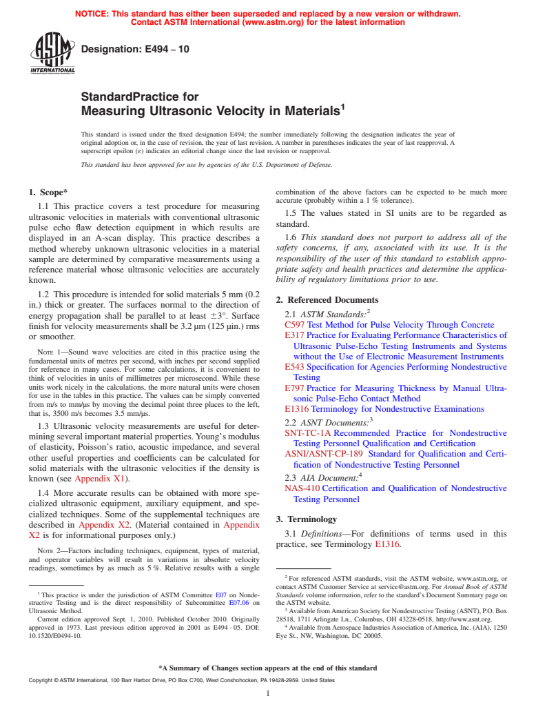 ASTM E494-10 - Standard Practice for Measuring Ultrasonic Velocity in Materials