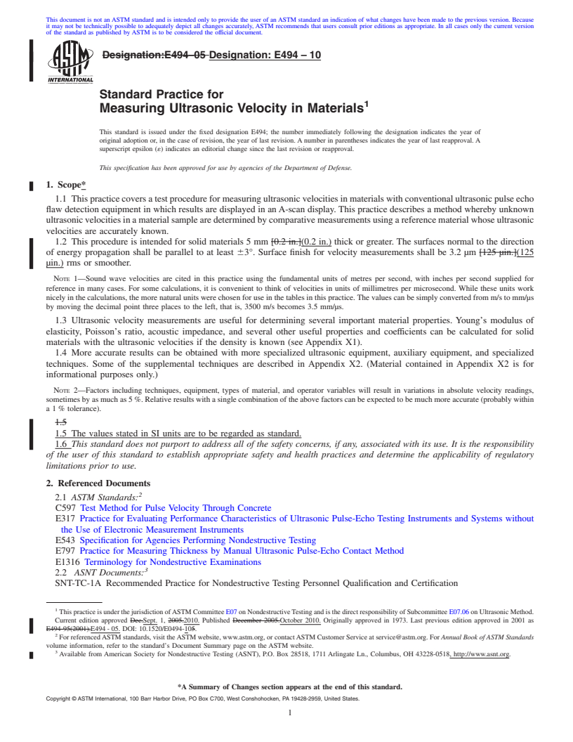 REDLINE ASTM E494-10 - Standard Practice for Measuring Ultrasonic Velocity in Materials