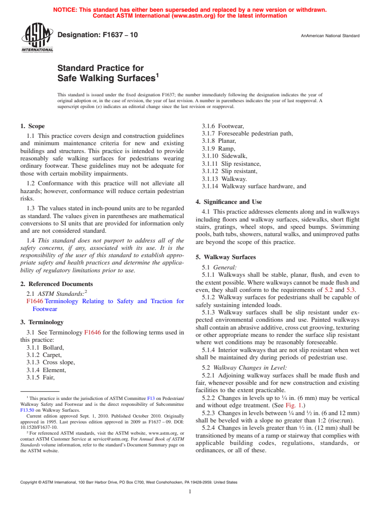 ASTM F1637-10 - Standard Practice for  Safe Walking Surfaces