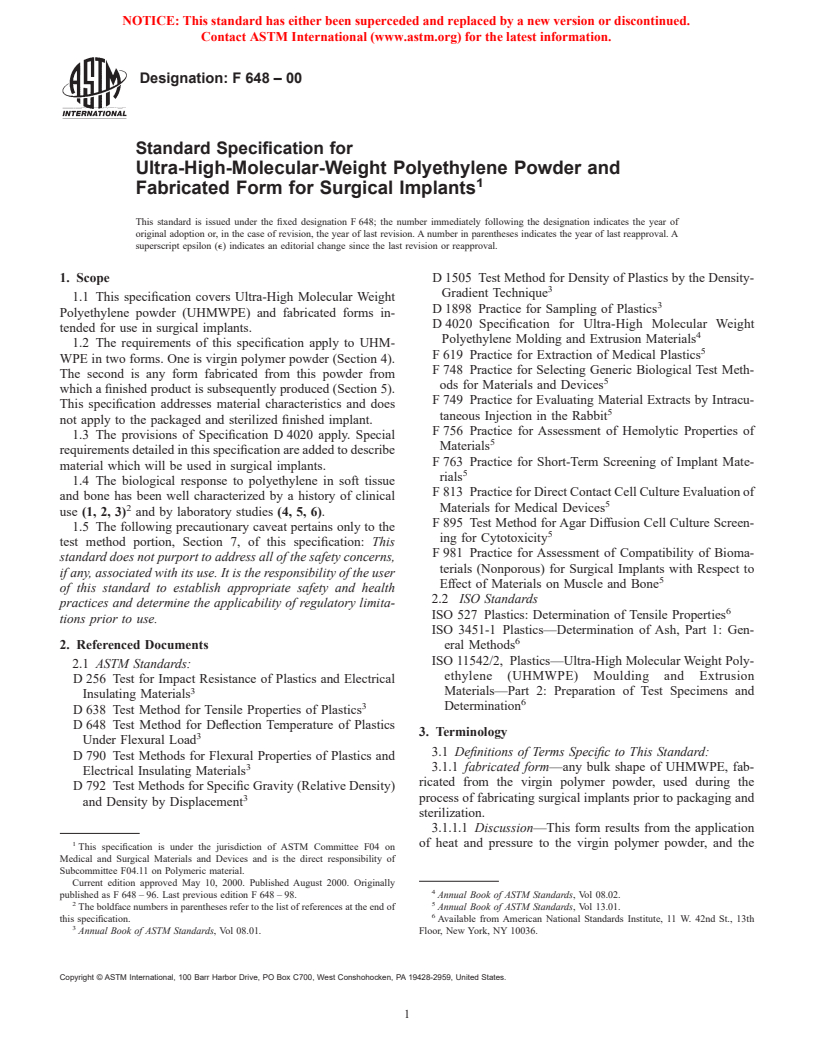 ASTM F648-00 - Standard Specification for Ultra-High-Molecular-Weight Polyethylene Powder and Fabricated Form for Surgical Implants