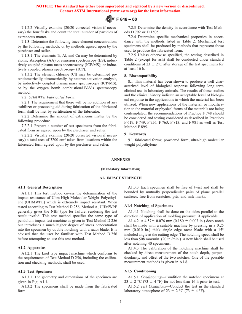 ASTM F648-00 - Standard Specification for Ultra-High-Molecular-Weight Polyethylene Powder and Fabricated Form for Surgical Implants