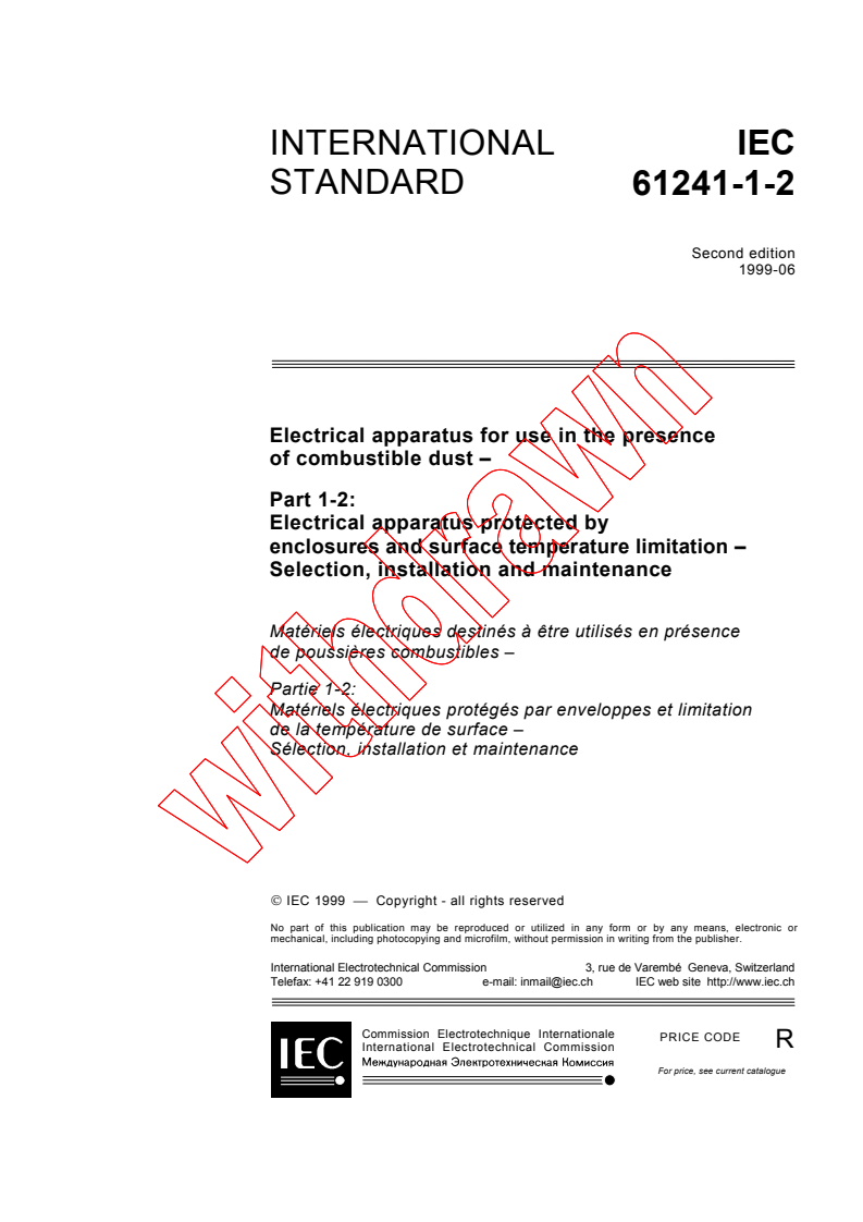 IEC 61241-1-2:1999 - Electrical apparatus for use in the presence of combustible dust - Part 1-2: Electrical apparatus protected by enclosures and surface temperature limitation - Selection, installation and maintenance
Released:6/17/1999
Isbn:2831848342