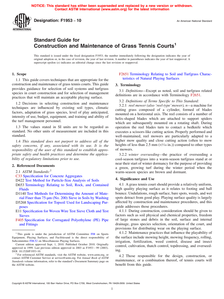 ASTM F1953-10 - Standard Guide for Construction and Maintenance of Grass Tennis Courts