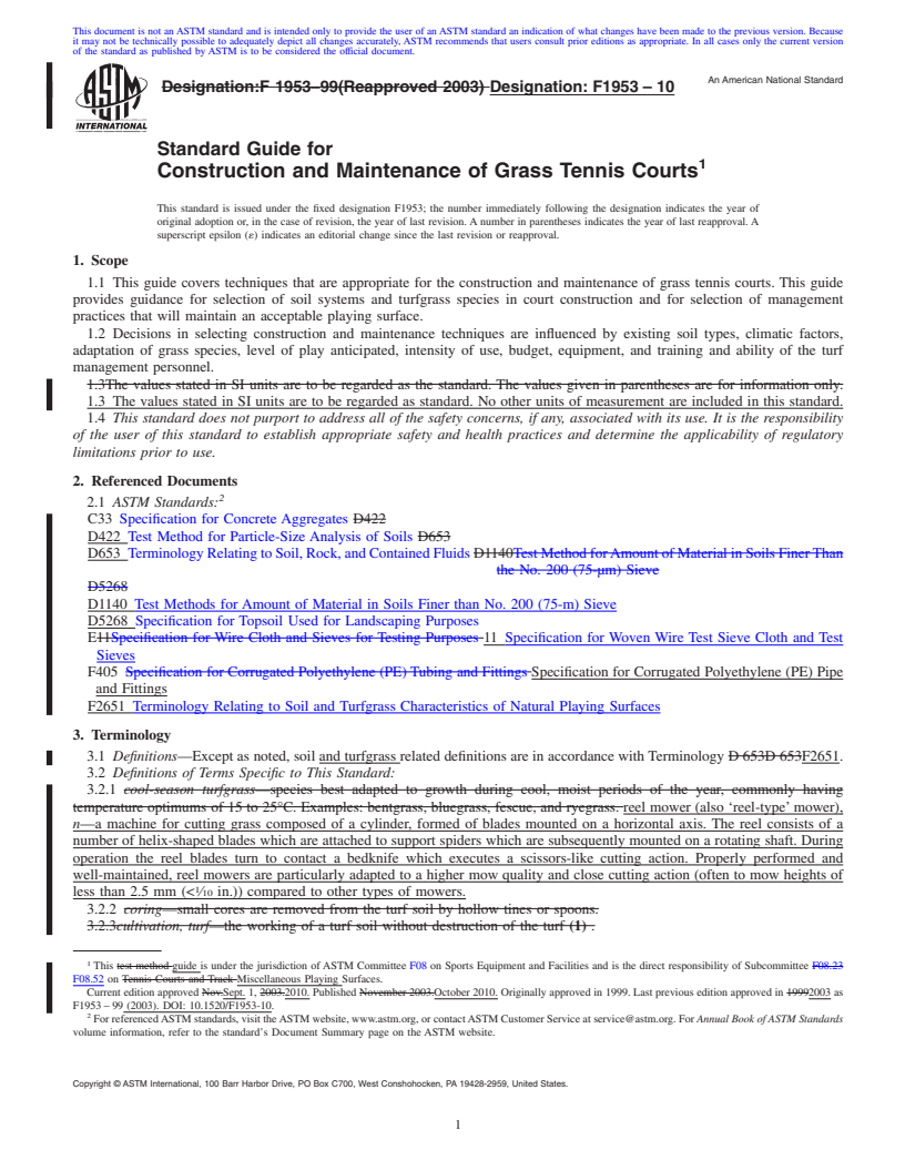 REDLINE ASTM F1953-10 - Standard Guide for Construction and Maintenance of Grass Tennis Courts