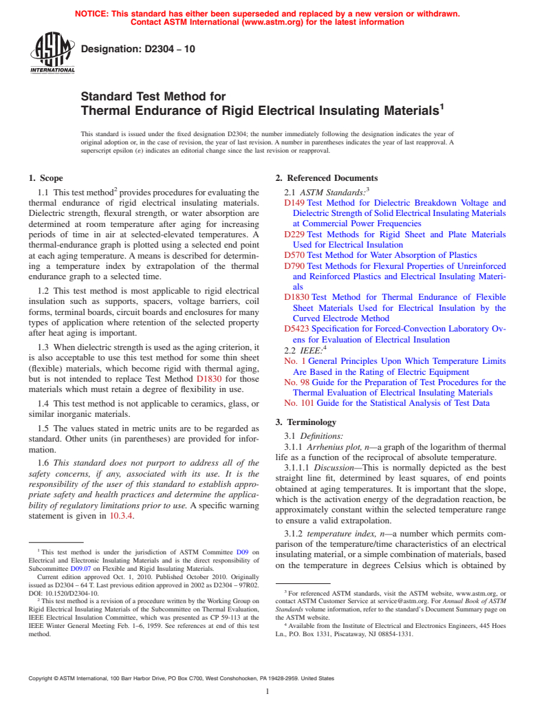 ASTM D2304-10 - Standard Test Method for Thermal Endurance of Rigid Electrical Insulating Materials