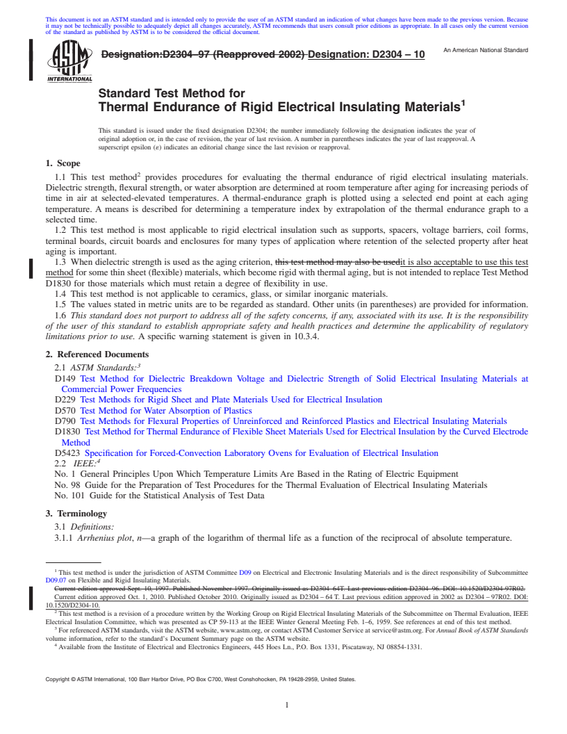 REDLINE ASTM D2304-10 - Standard Test Method for Thermal Endurance of Rigid Electrical Insulating Materials