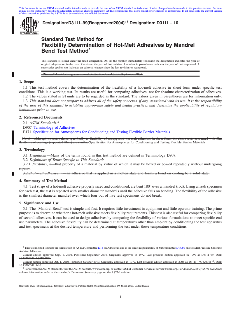 REDLINE ASTM D3111-10 - Standard Test Method for Flexibility Determination of Hot-Melt Adhesives by Mandrel Bend Test Method