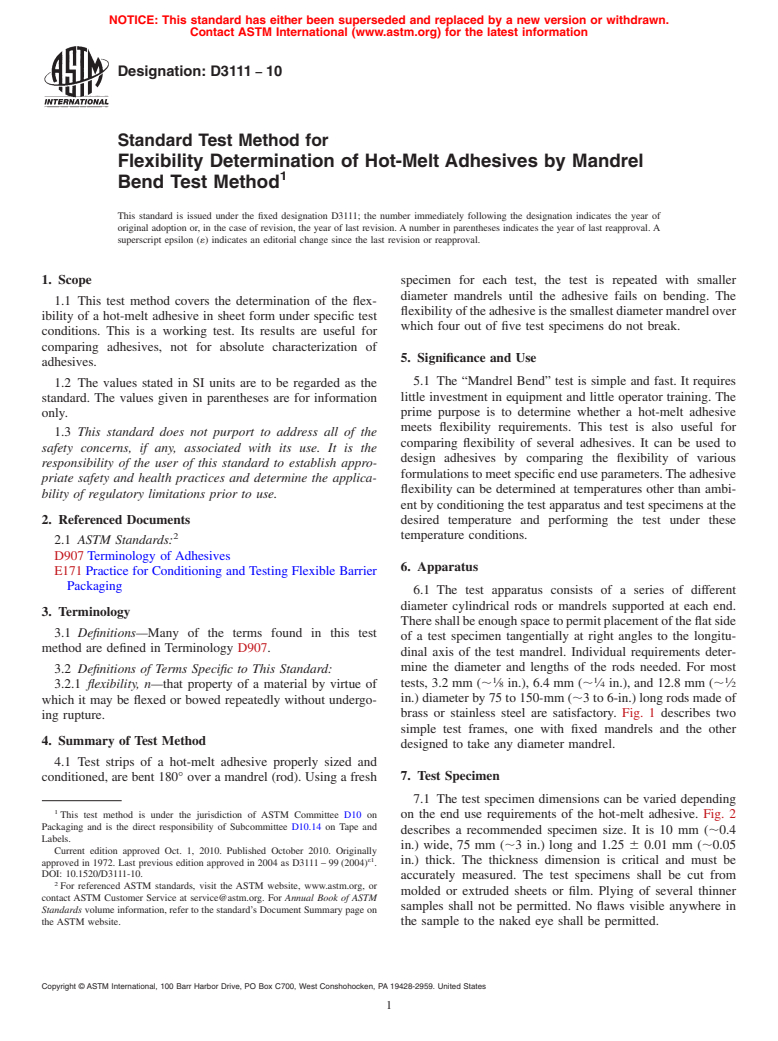 ASTM D3111-10 - Standard Test Method for Flexibility Determination of Hot-Melt Adhesives by Mandrel Bend Test Method