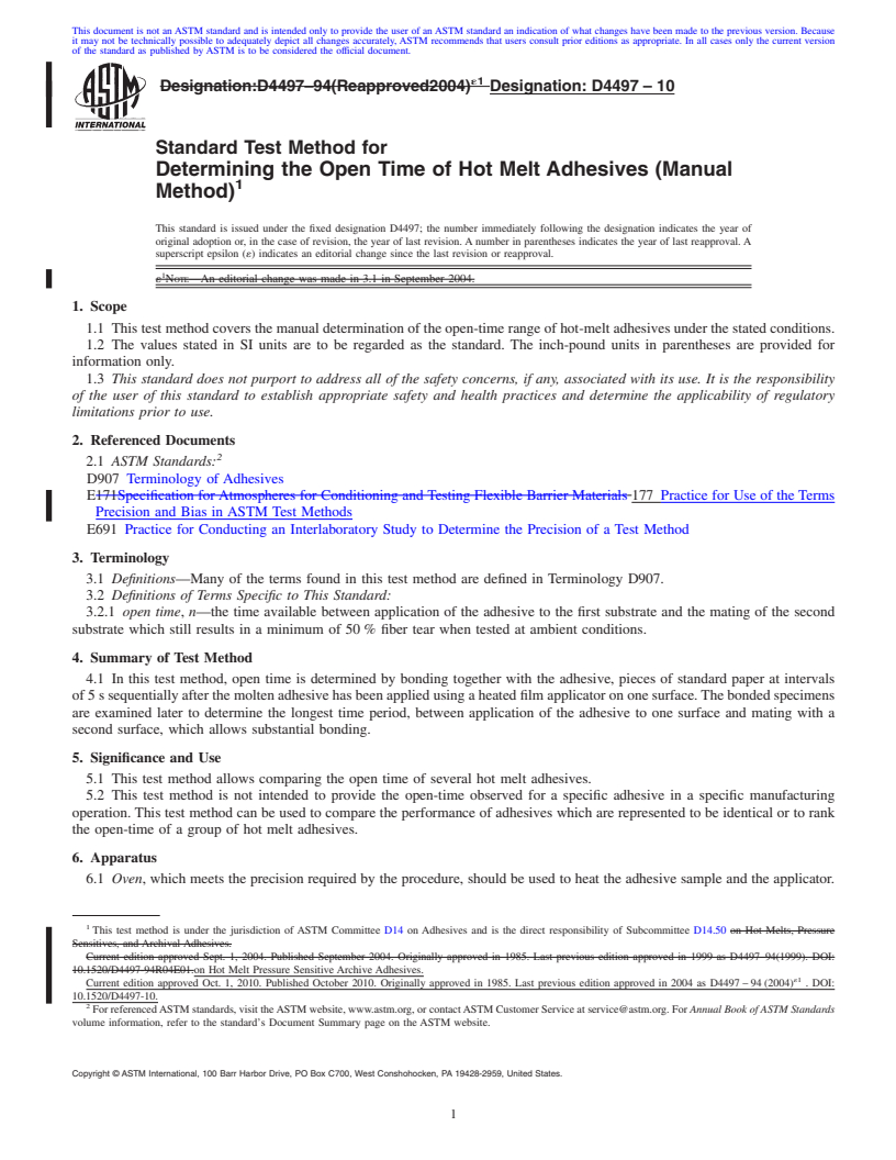 REDLINE ASTM D4497-10 - Standard Test Method for Determining the Open Time of Hot Melt Adhesives (Manual Method)