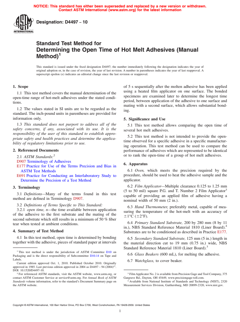 ASTM D4497-10 - Standard Test Method for Determining the Open Time of Hot Melt Adhesives (Manual Method)