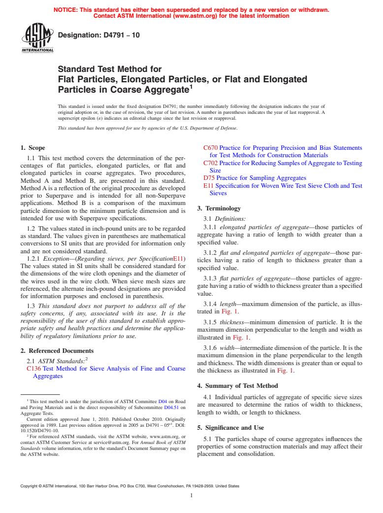 ASTM D4791-10 - Standard Test Method for Flat Particles, Elongated Particles, or Flat and Elongated Particles in Coarse Aggregate (Withdrawn 2019)