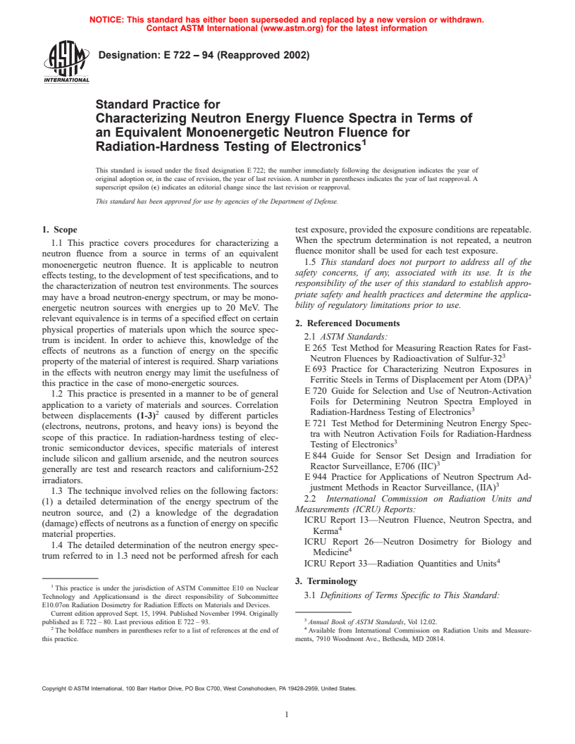 ASTM E722-94(2002) - Standard Practice for Characterizing Neutron Energy Fluence Spectra in Terms of an Equivalent Monoenergetic Neutron Fluence for Radiation-Hardness Testing of Electronics