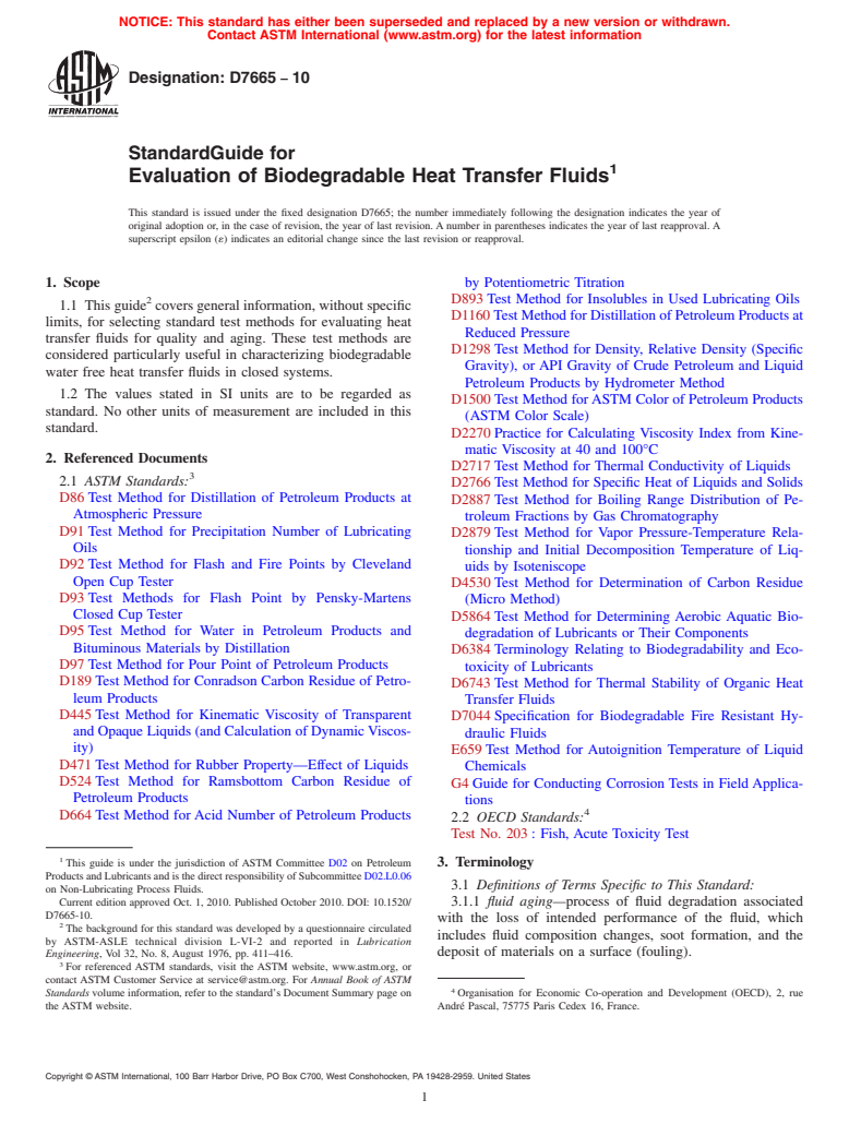 ASTM D7665-10 - Standard Guide for Evaluation of Biodegradable Heat Transfer Fluids