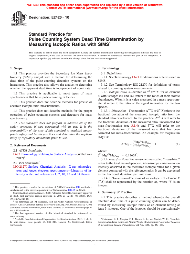 ASTM E2426-10 - Standard Practice for Pulse Counting System Dead Time Determination by Measuring Isotopic Ratios with SIMS