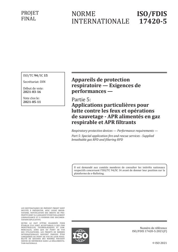 ISO/FDIS 17420-5:Version 01-maj-2021 - Appareils de protection respiratoire -- Exigences de performances