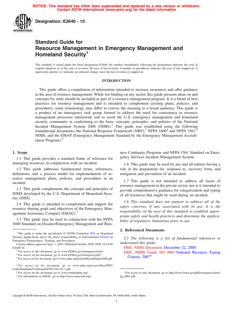 ASTM E2640-10 - Standard Guide for Resource Management in Emergency Management and Homeland Security (Withdrawn 2019)