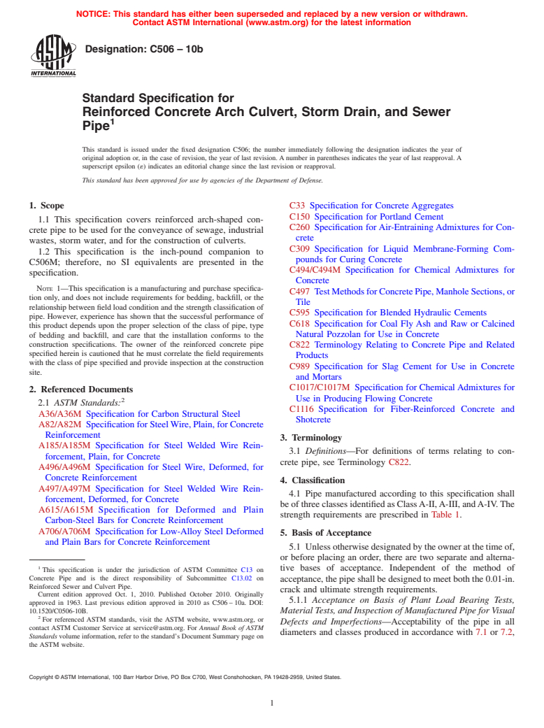 ASTM C506-10b - Standard Specification for  Reinforced Concrete Arch Culvert, Storm Drain, and Sewer Pipe