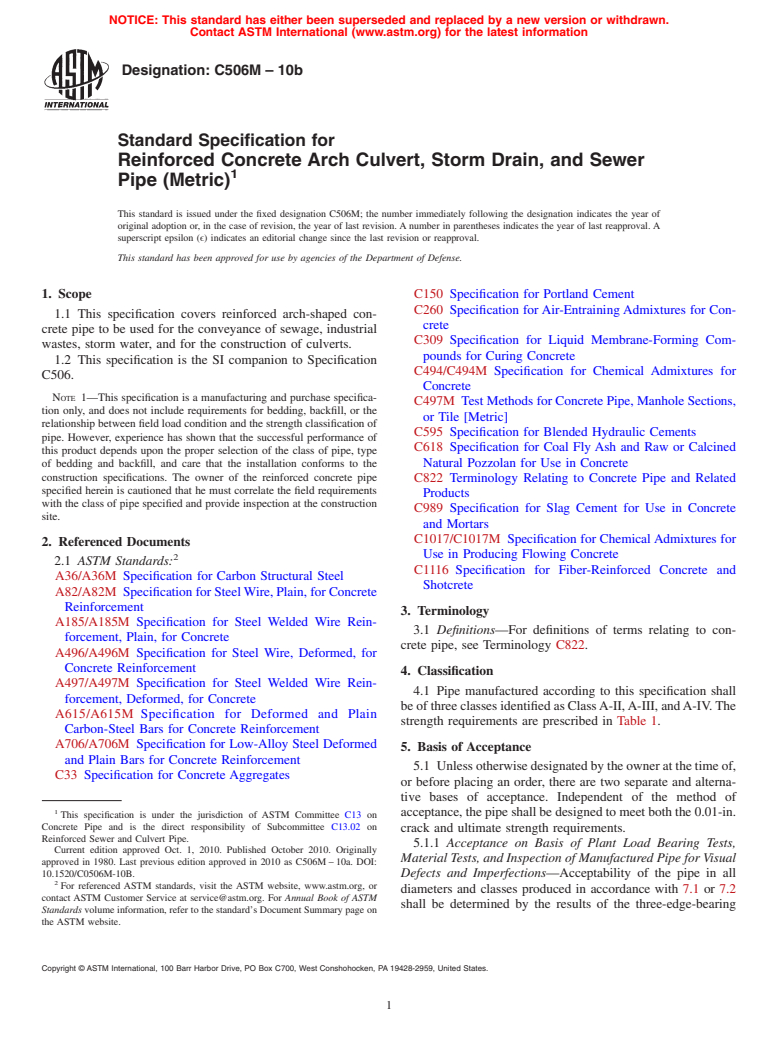 ASTM C506M-10b - Standard Specification for  Reinforced Concrete Arch Culvert, Storm Drain, and Sewer Pipe (Metric)