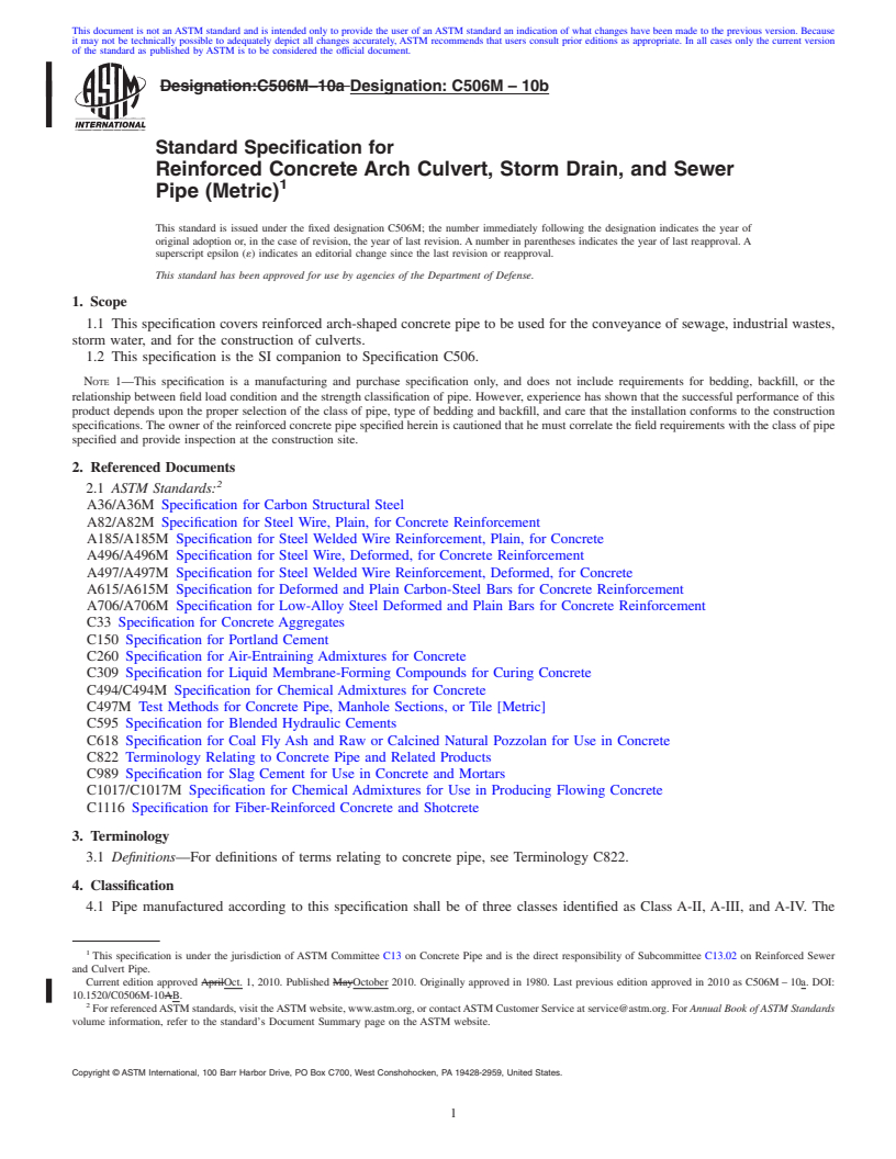 REDLINE ASTM C506M-10b - Standard Specification for  Reinforced Concrete Arch Culvert, Storm Drain, and Sewer Pipe (Metric)