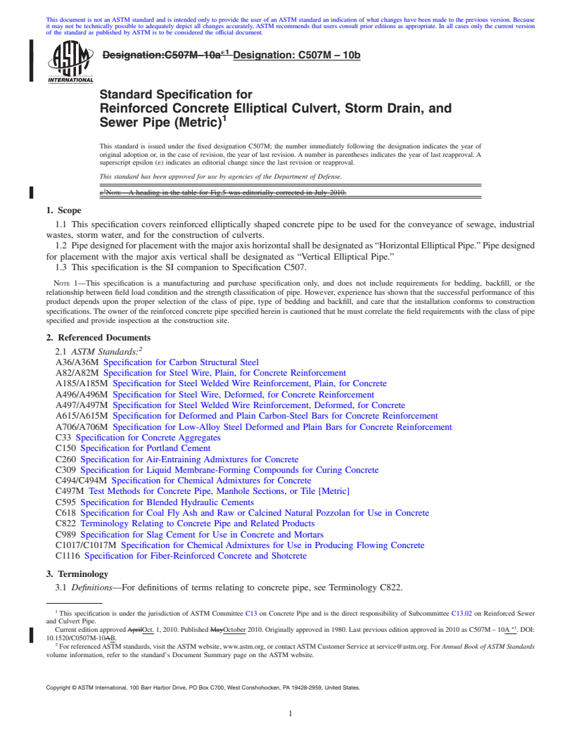 REDLINE ASTM C507M-10b - Standard Specification for  Reinforced Concrete Elliptical Culvert, Storm Drain, and Sewer Pipe (Metric)