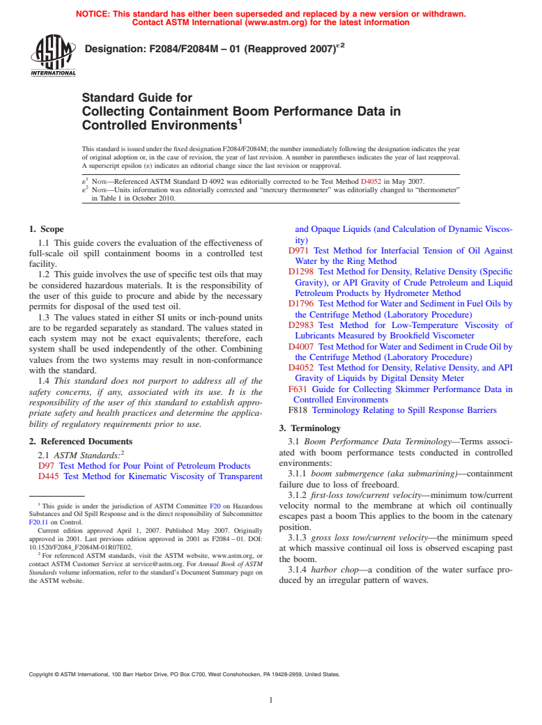 ASTM F2084/F2084M-01(2007)e2 - Standard Guide for Collecting Containment Boom Performance Data in Controlled Environments