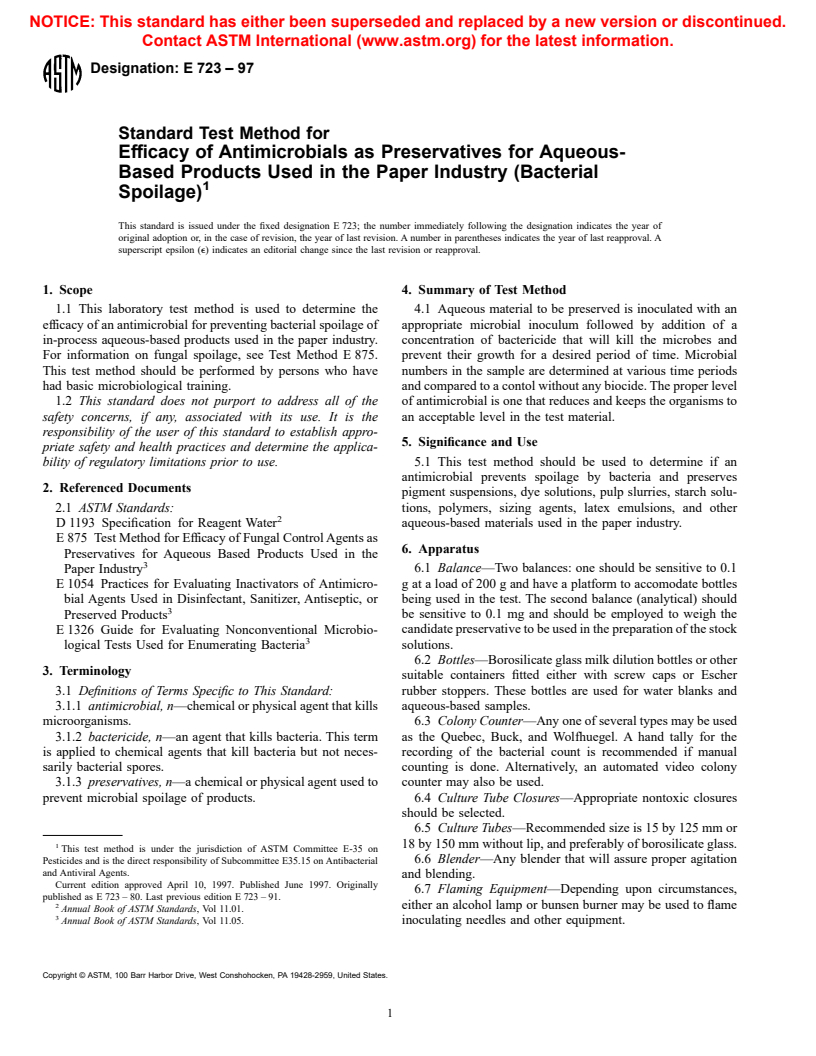 ASTM E723-97 - Standard Test Method for Efficacy of Antimicrobials as Preservatives for Aqueous-Based Products Used in the Paper Industry (Bacterial Spoilage)