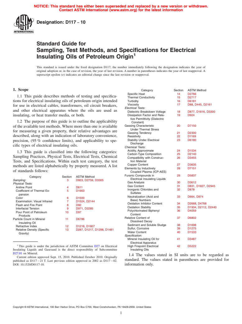 ASTM D117-10 - Standard Guide for Sampling, Test Methods, and Specifications for Electrical Insulating Oils of Petroleum Origin