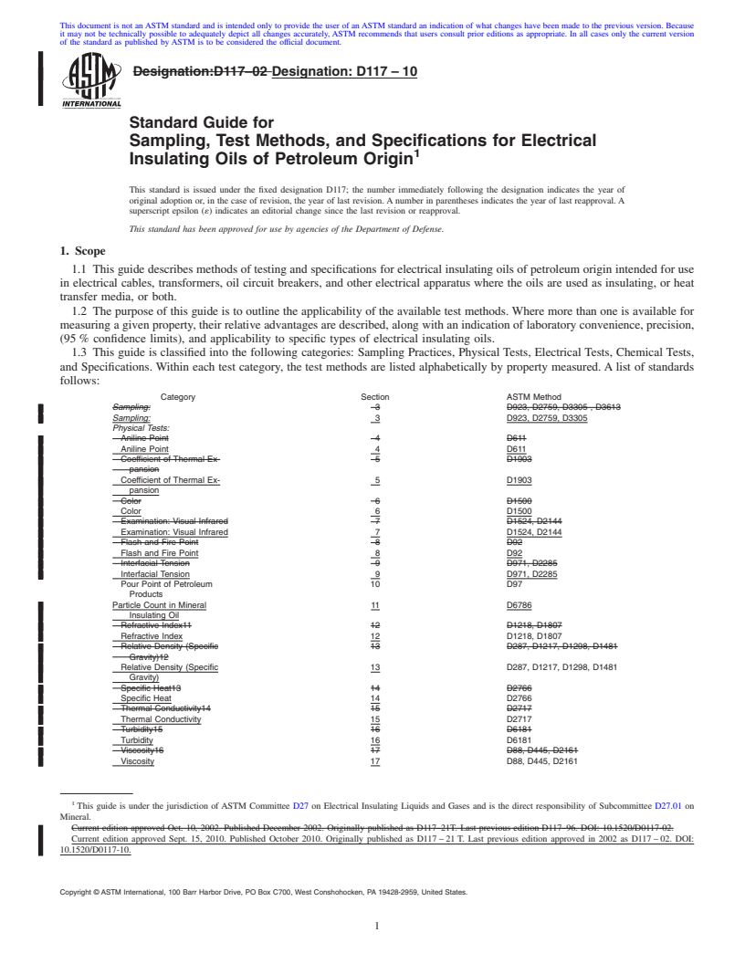 REDLINE ASTM D117-10 - Standard Guide for Sampling, Test Methods, and Specifications for Electrical Insulating Oils of Petroleum Origin