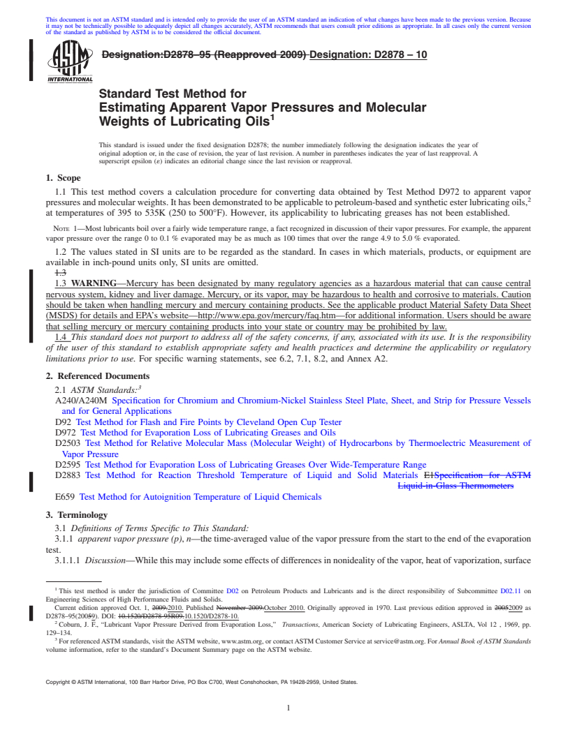 REDLINE ASTM D2878-10 - Standard Test Method for Estimating Apparent Vapor Pressures and Molecular Weights of Lubricating Oils