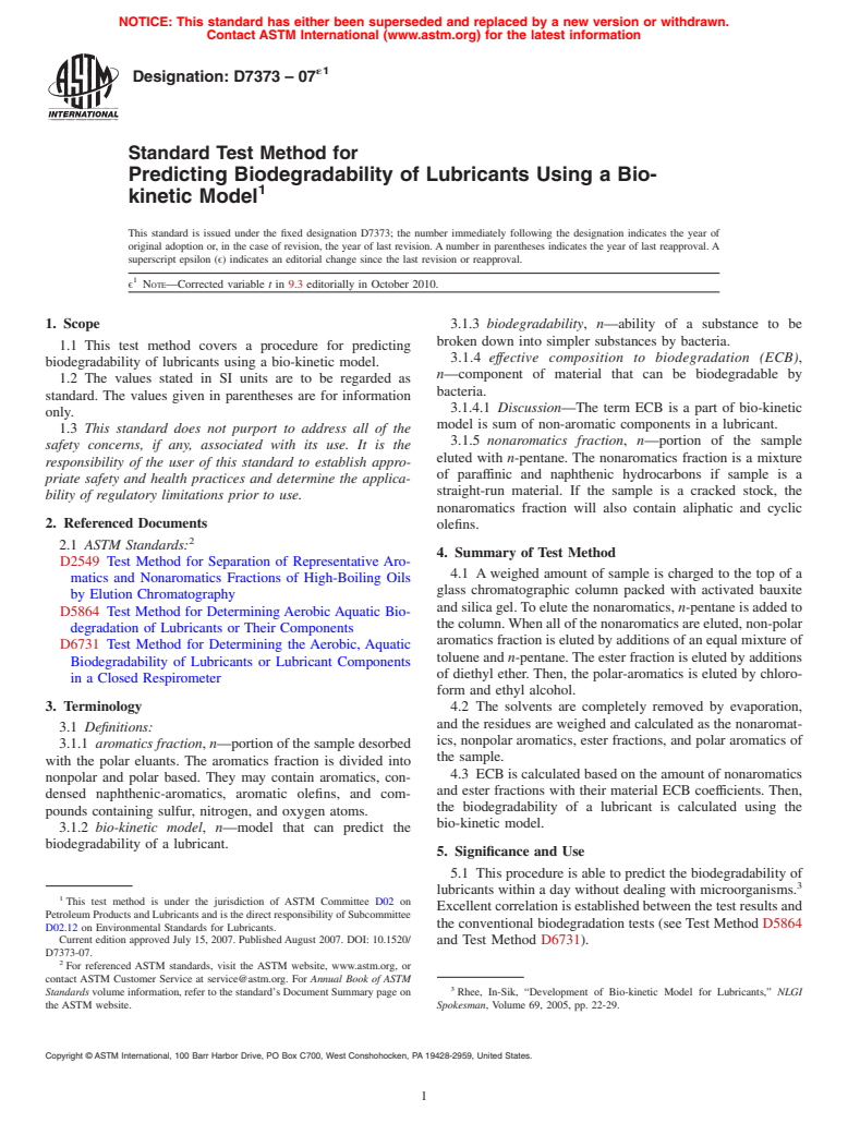 ASTM D7373-07e1 - Standard Test Method for Predicting Biodegradability of Lubricants Using a Bio-kinetic Model