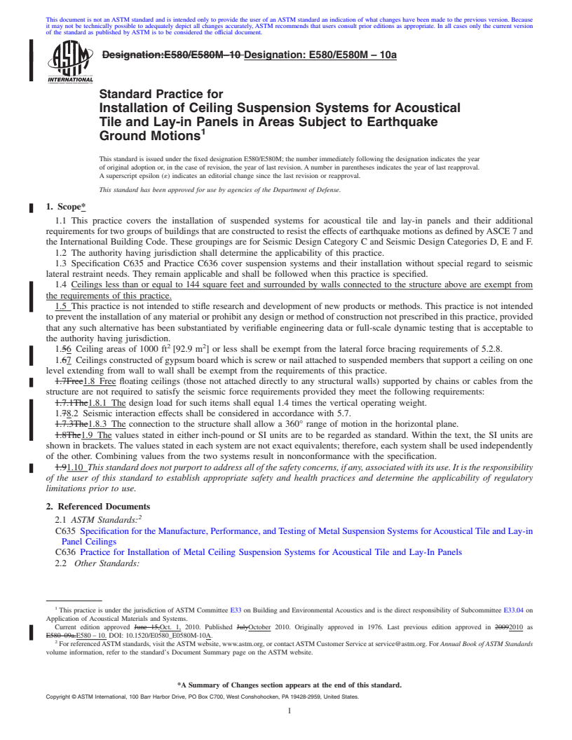 REDLINE ASTM E580/E580M-10a - Standard Practice for  Installation of Ceiling Suspension Systems for Acoustical Tile and Lay-in Panels in Areas Subject to Earthquake Ground Motions