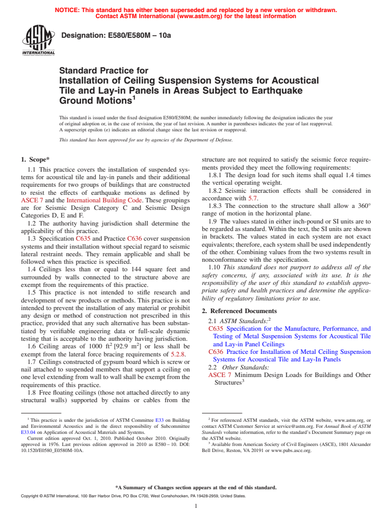 ASTM E580/E580M-10a - Standard Practice for  Installation of Ceiling Suspension Systems for Acoustical Tile and Lay-in Panels in Areas Subject to Earthquake Ground Motions