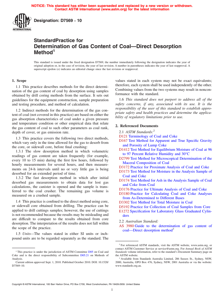 ASTM D7569-10 - Standard Practice for Determination of Gas Content of Coal-Direct Desorption Method