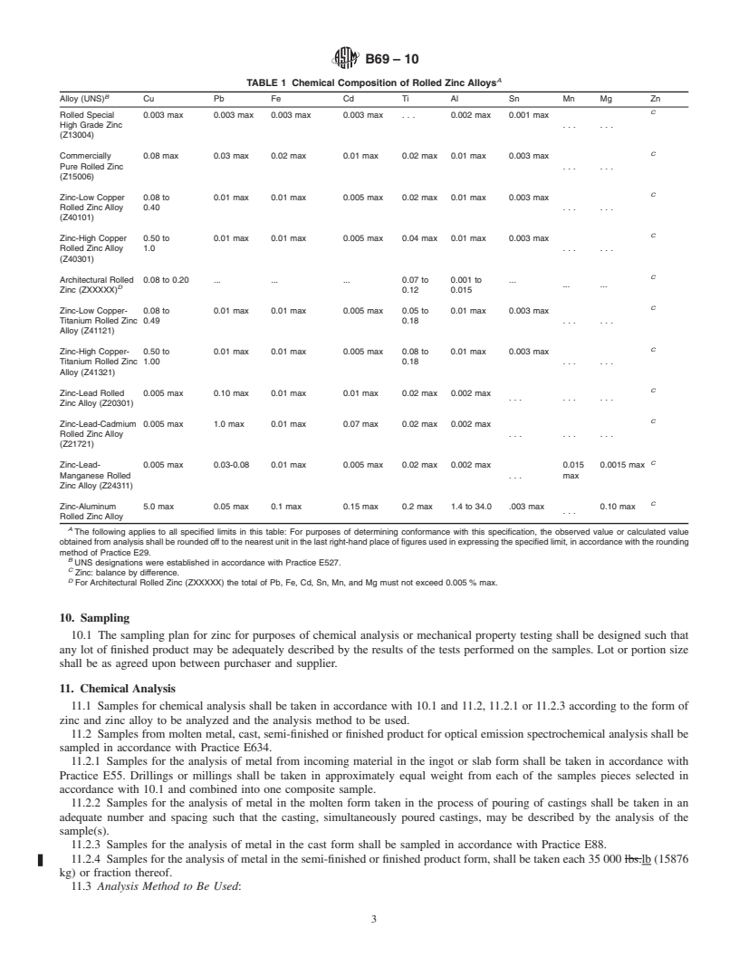 REDLINE ASTM B69-10 - Standard Specification for Rolled Zinc