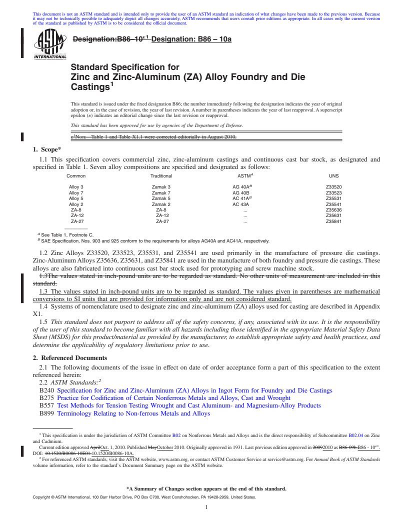 REDLINE ASTM B86-10a - Standard Specification for Zinc and Zinc-Aluminum (ZA) Alloy Foundry and Die Castings