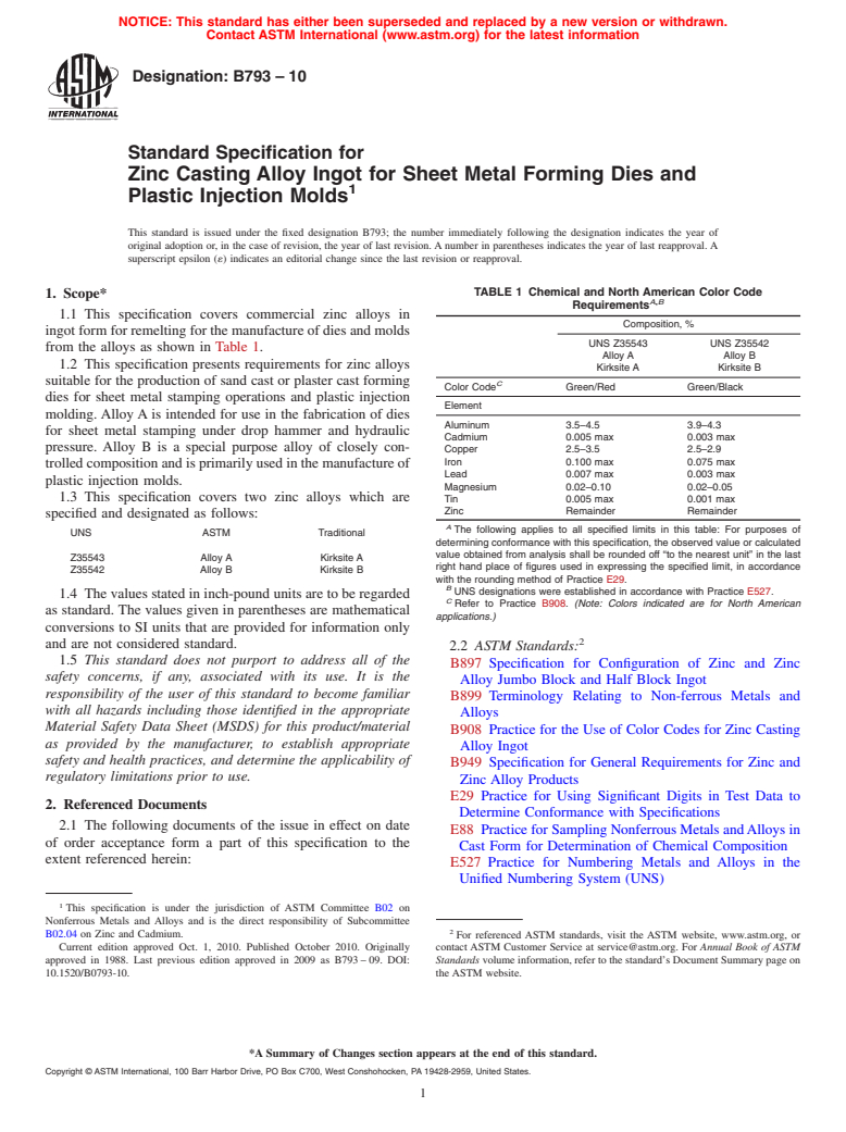 ASTM B793-10 - Standard Specification for Zinc Casting Alloy Ingot for Sheet Metal Forming Dies and Plastic Injection   Molds