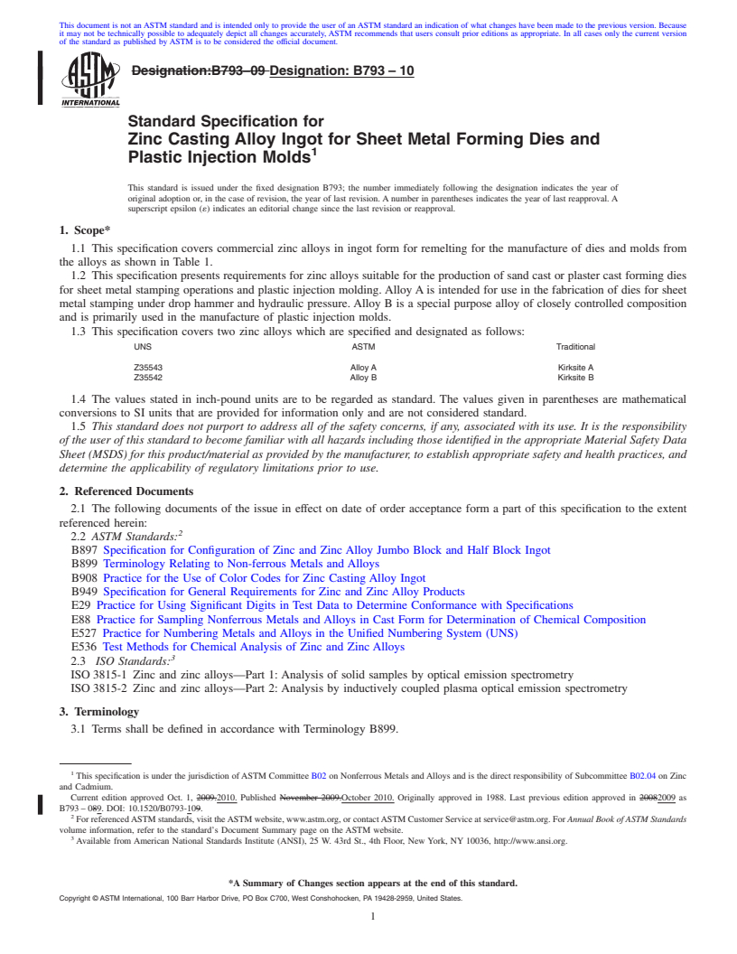 REDLINE ASTM B793-10 - Standard Specification for Zinc Casting Alloy Ingot for Sheet Metal Forming Dies and Plastic Injection   Molds