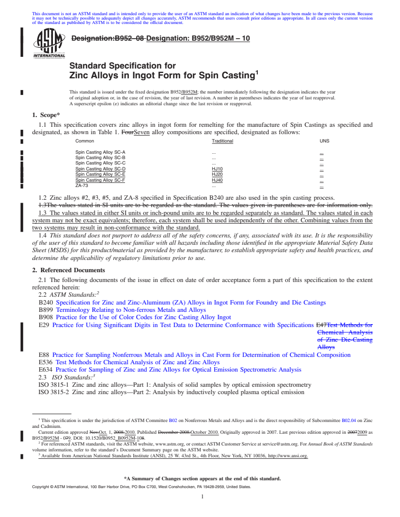 REDLINE ASTM B952/B952M-10 - Standard Specification for Zinc Alloys in Ingot Form for Spin Casting