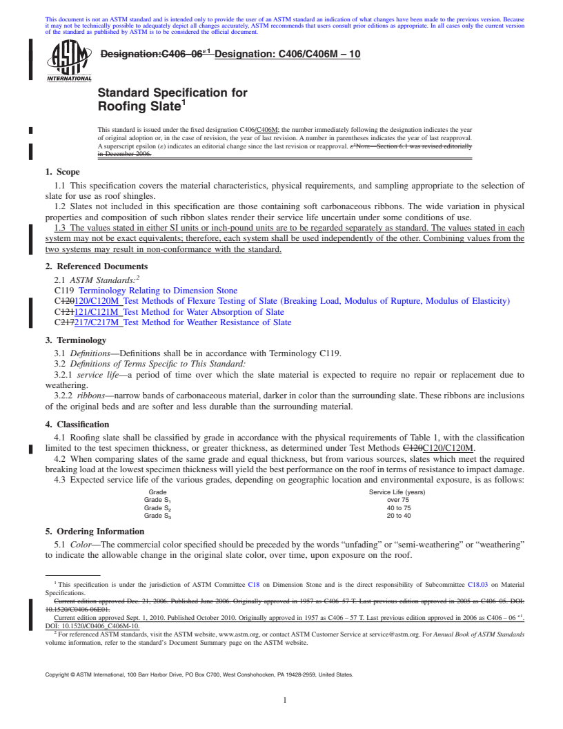 REDLINE ASTM C406/C406M-10 - Standard Specification for Roofing Slate