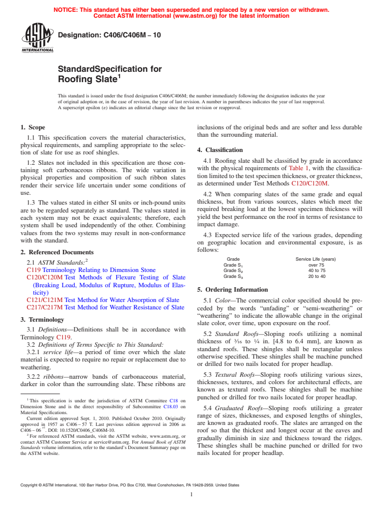 ASTM C406/C406M-10 - Standard Specification for Roofing Slate