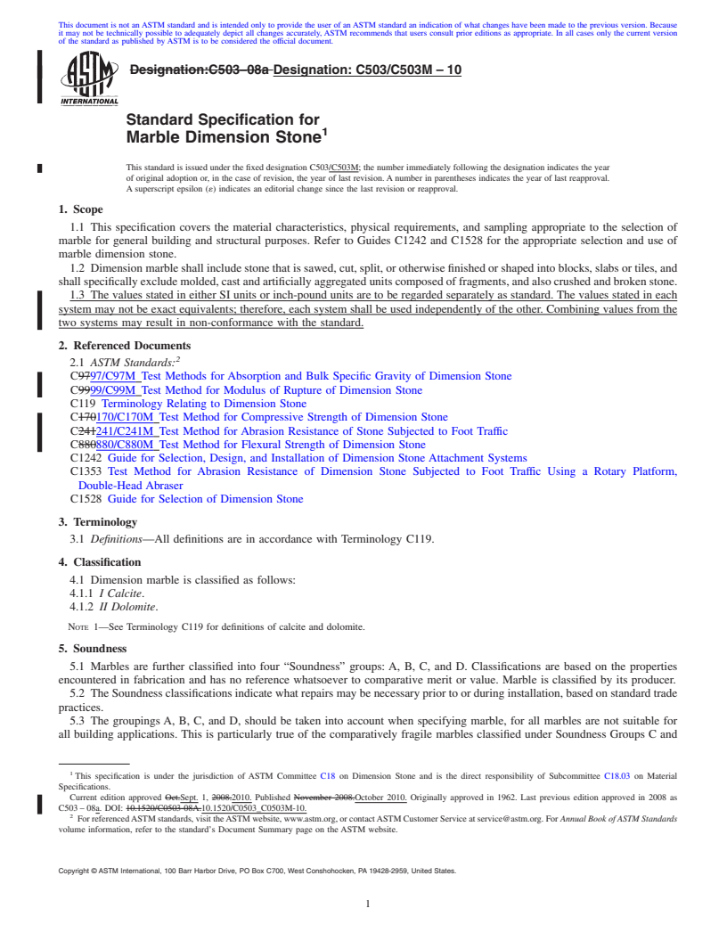 REDLINE ASTM C503/C503M-10 - Standard Specification for Marble Dimension Stone