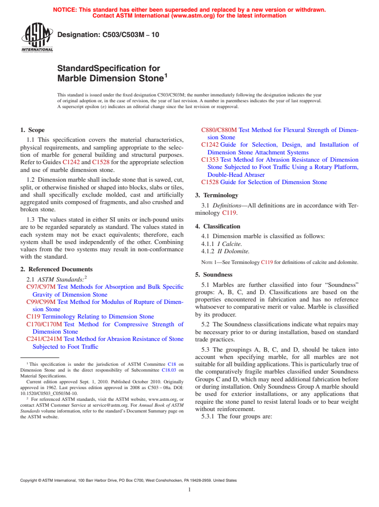 ASTM C503/C503M-10 - Standard Specification for Marble Dimension Stone