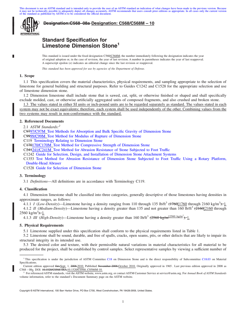 REDLINE ASTM C568/C568M-10 - Standard Specification for  Limestone Dimension Stone