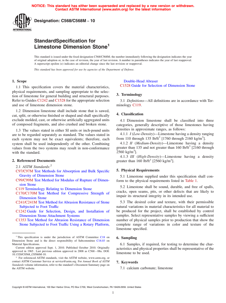 ASTM C568/C568M-10 - Standard Specification for  Limestone Dimension Stone