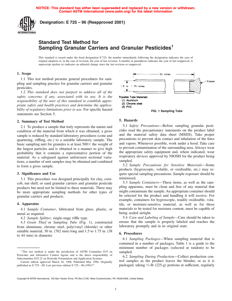 ASTM E725-96(2001) - Standard Test Method for Sampling Granular Carriers and Granular Pesticides