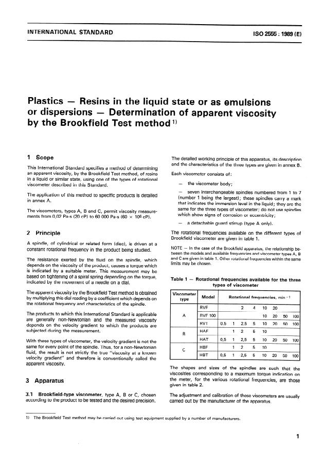 ISO 2555:1989 - Plastics -- Resins in the liquid state or as emulsions or dispersions -- Determination of apparent viscosity by the Brookfield Test method
