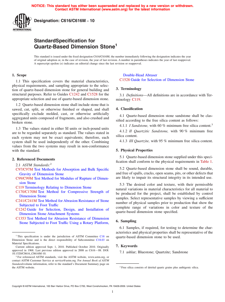 ASTM C616/C616M-10 - Standard Specification for  Quartz-Based Dimension Stone