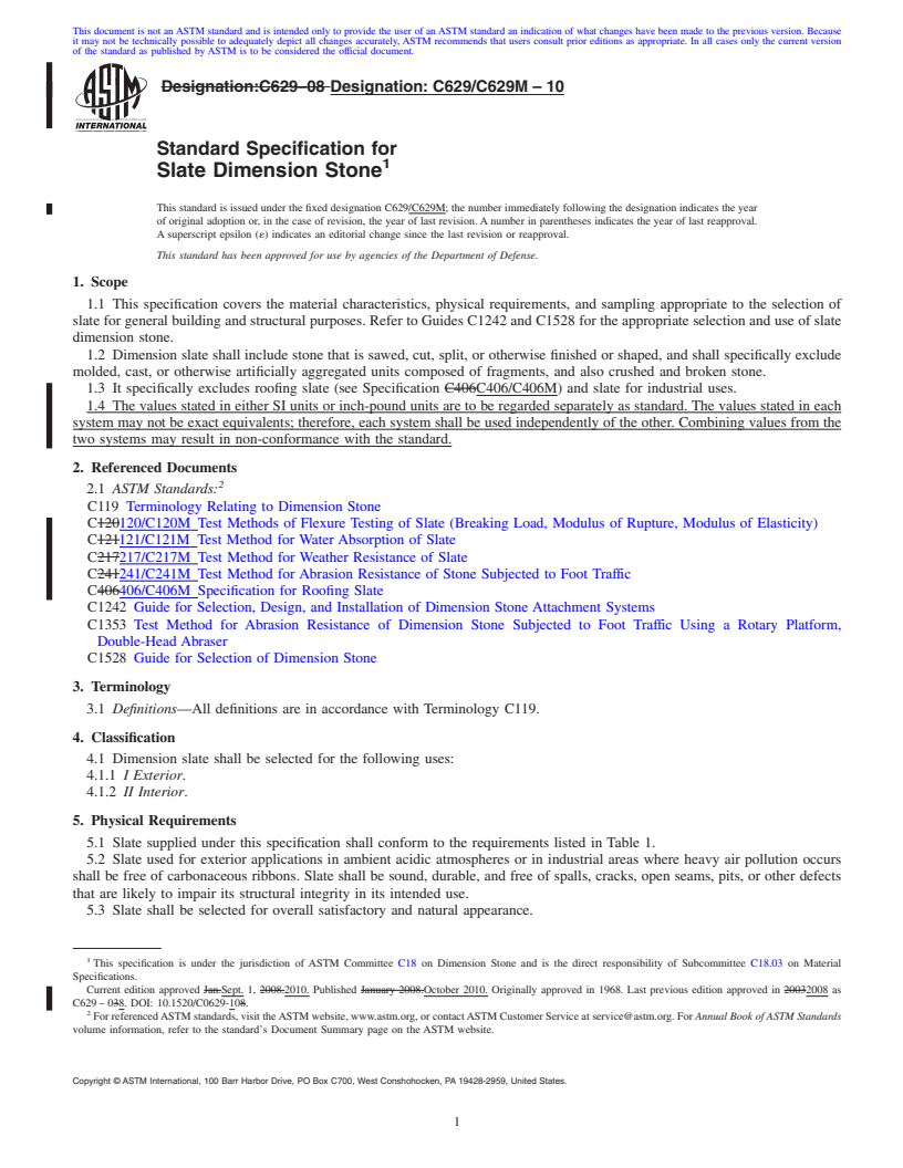 REDLINE ASTM C629/C629M-10 - Standard Specification for  Slate Dimension Stone